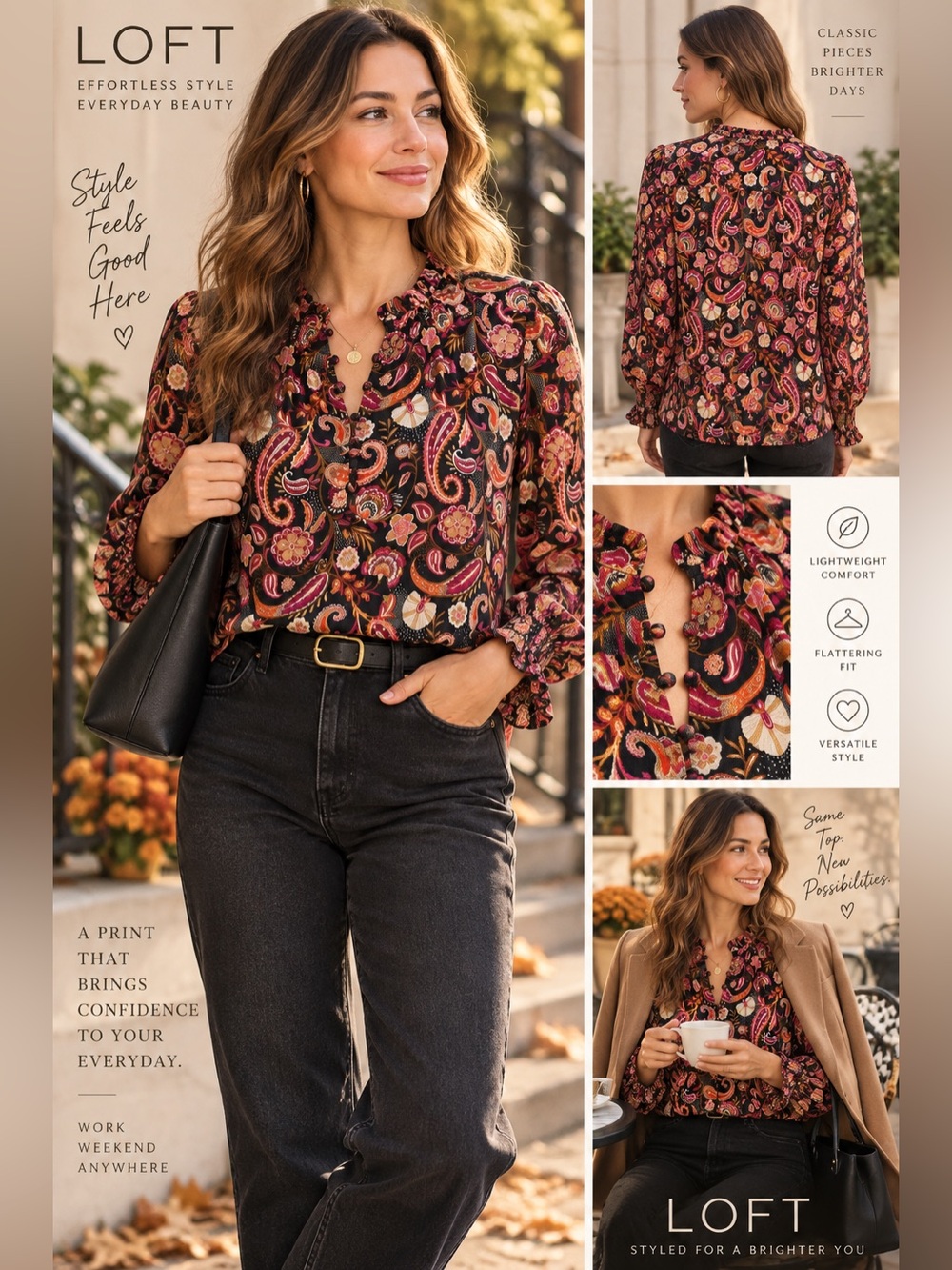 LOFT Paisley Ruffle Neck Long Sleeve Blouse Black Pink Boho Women’s Small